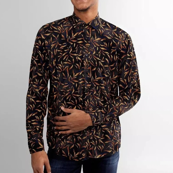 Buckle Eight X Flocked Polka Dot Shirt black tan navy button front medium - Picture 1 of 9